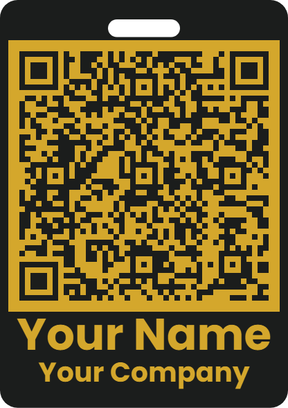Staff pass: gold QR code on black, with Your Name and Your Company below